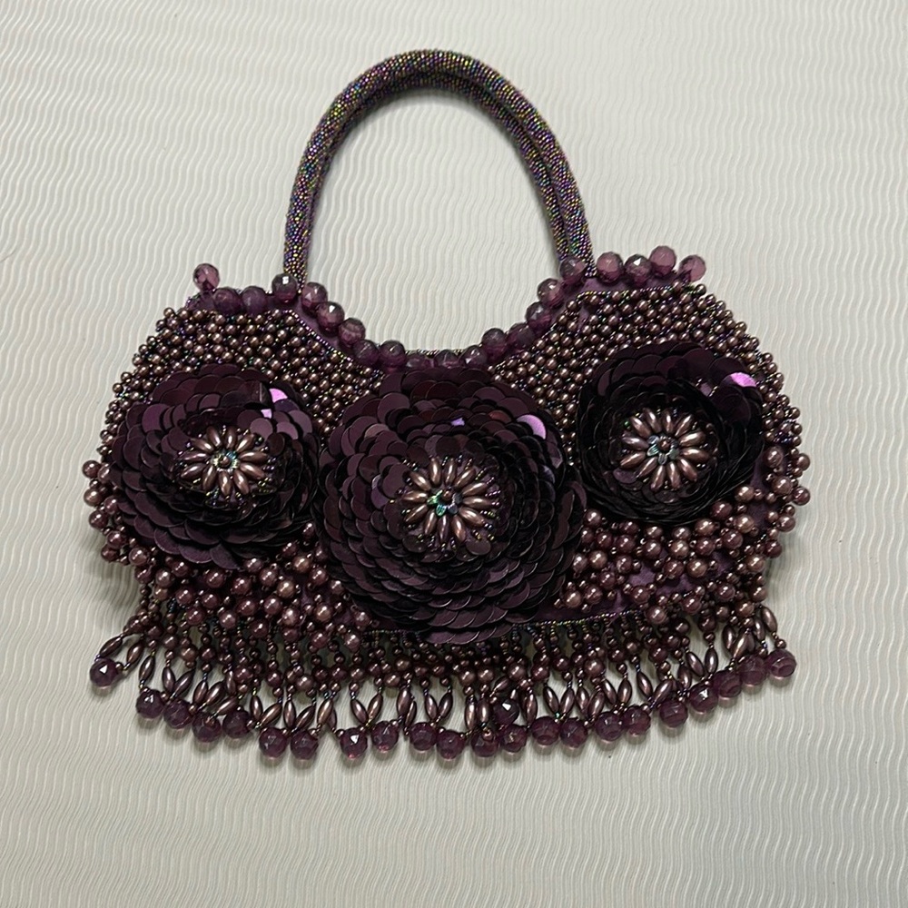 Handcrafted Purple Beaded Floral Evening Bag